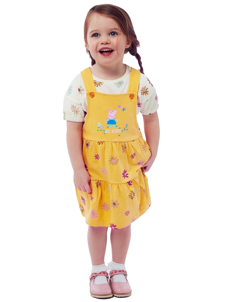 Character Yellow Peppa Pig Pinafore 100% Cotton Dress And T-Shirt 2 Piece Set - Image 1 of 5
