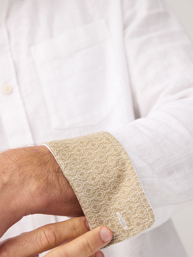 White Standard Collar Cotton Linen Blend Long Sleeve Shirt - Image 3 of 9