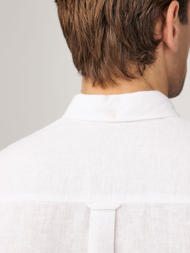 White Standard Collar Cotton Linen Blend Long Sleeve Shirt - Image 4 of 9