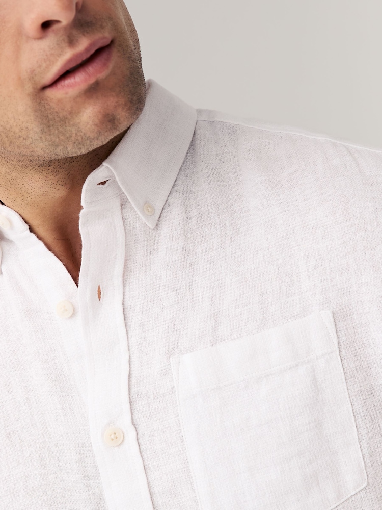 White Standard Collar Cotton Linen Blend Long Sleeve Shirt - Image 5 of 9