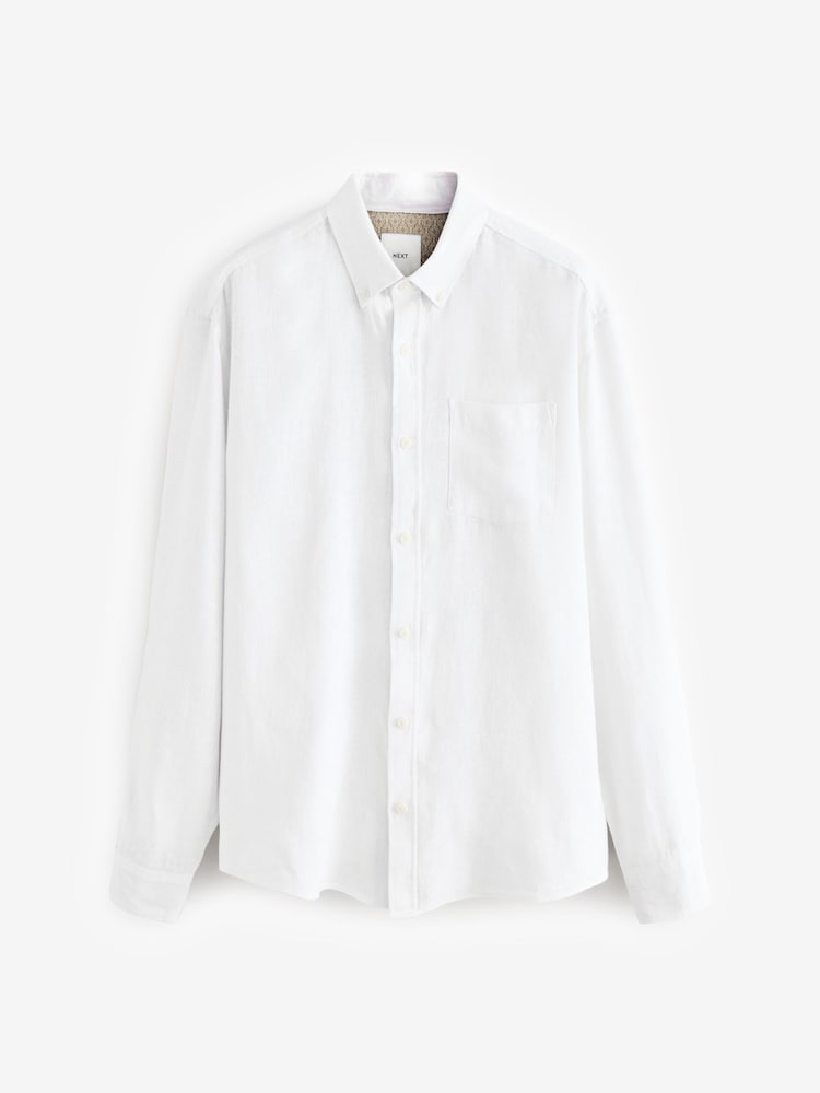 White Standard Collar Cotton Linen Blend Long Sleeve Shirt - Image 7 of 9