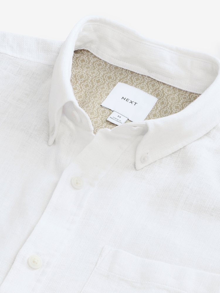 White Standard Collar Cotton Linen Blend Long Sleeve Shirt - Image 8 of 9