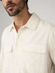 Ecru Textured Waffle Long Sleeve 100% Cotton Shirt - Image 4 of 7