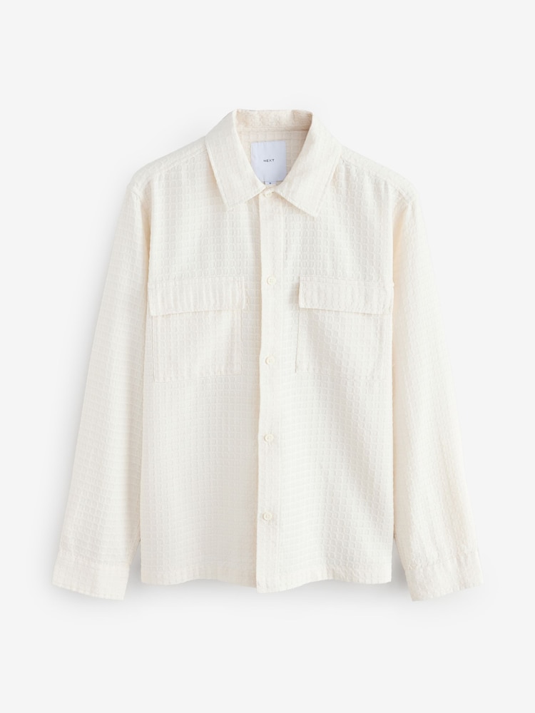Ecru Textured Waffle Long Sleeve 100% Cotton Shirt - Image 5 of 7