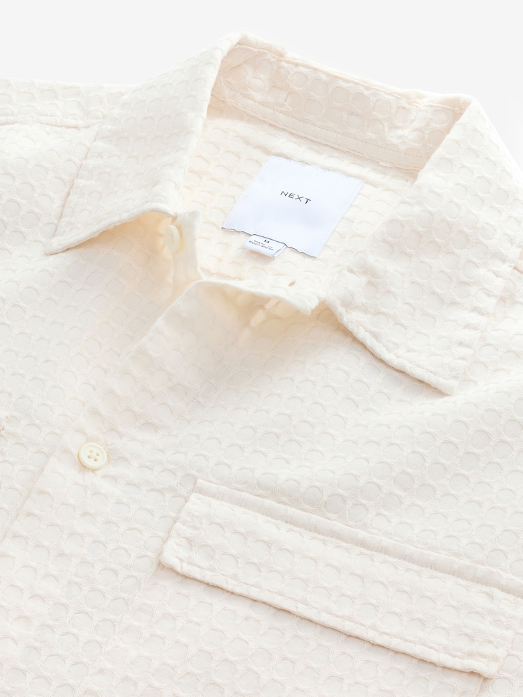Ecru Textured Waffle Long Sleeve 100% Cotton Shirt - Image 6 of 7