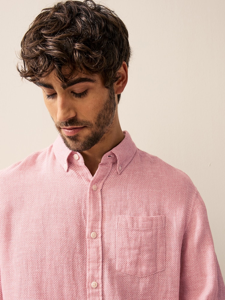Pink Standard Collar Cotton Linen Blend Long Sleeve Shirt - Image 1 of 8 Pink Standard Collar Cotton Linen Blend Long Sleeve Shirt - Image 1 of 8