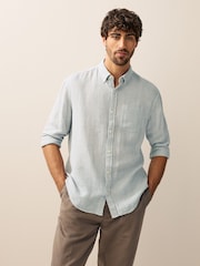 Grey Standard Collar Cotton Linen Blend Long Sleeve Shirt - Image 1 of 8