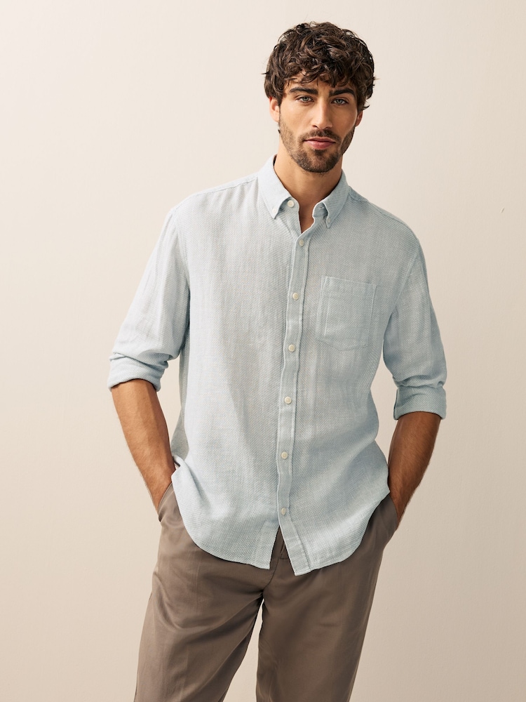 Grey Standard Collar Cotton Linen Blend Long Sleeve Shirt - Image 1 of 8