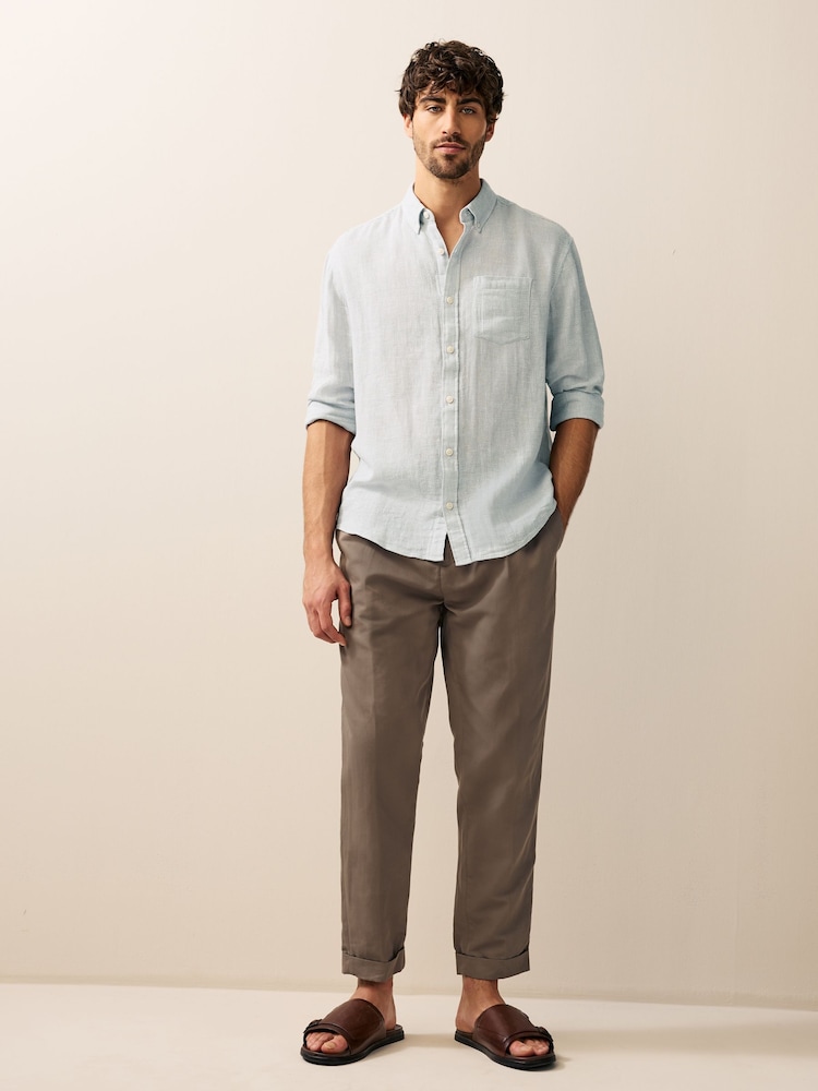 Grey Standard Collar Cotton Linen Blend Long Sleeve Shirt - Image 2 of 8