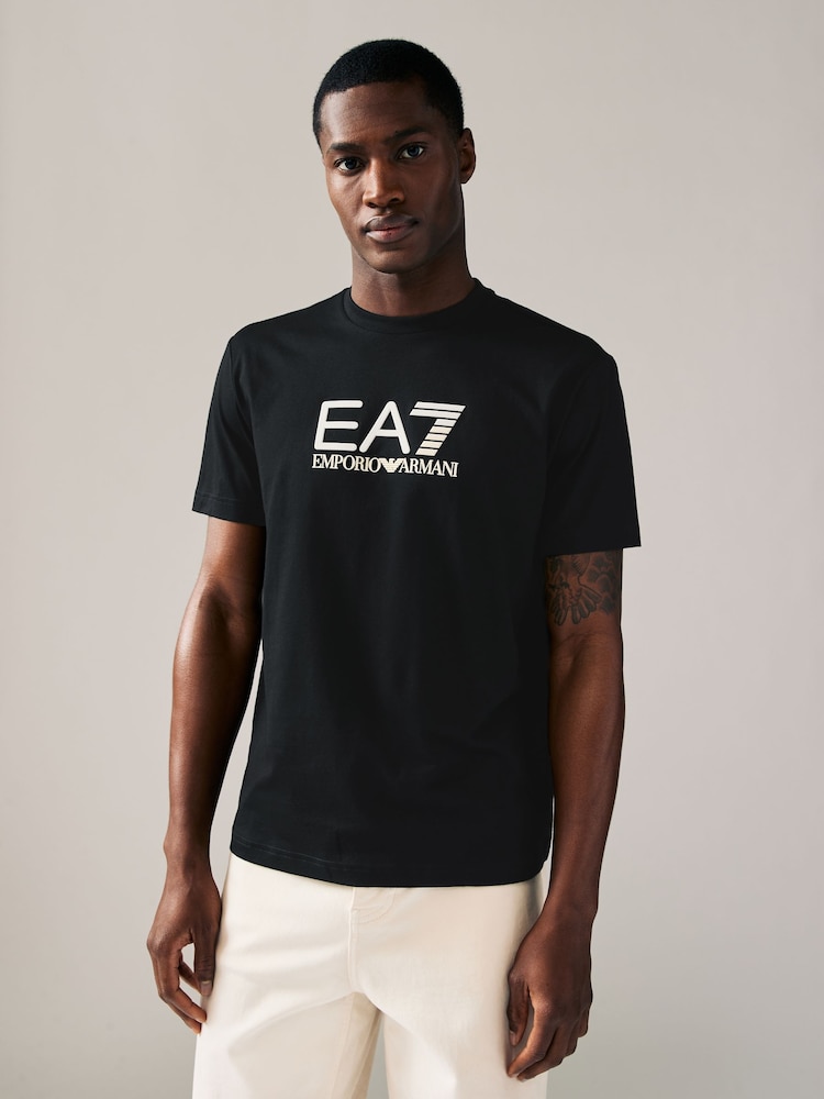 Emporio Armani EA7 Textured Logo 100% Cotton Black T-Shirt - Image 1 of 4