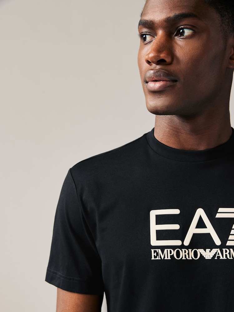 Emporio Armani EA7 Textured Logo 100% Cotton Black T-Shirt - Image 3 of 4