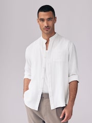 White Grandad Collar Cotton Linen Blend Long Sleeve Shirt - Image 1 of 8