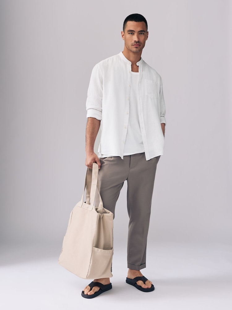 White Grandad Collar Cotton Linen Blend Long Sleeve Shirt - Image 2 of 8