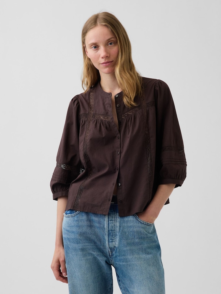 Gap Brown Lace-Trim Button-Front Swing Top - Image 1 of 4 Gap Brown Lace-Trim Button-Front Swing Top - Image 1 of 4
