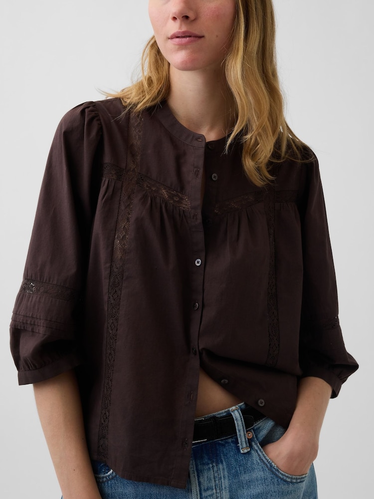 Gap Brown Lace-Trim Button-Front Swing Top - Image 4 of 4 Gap Brown Lace-Trim Button-Front Swing Top - Image 4 of 4