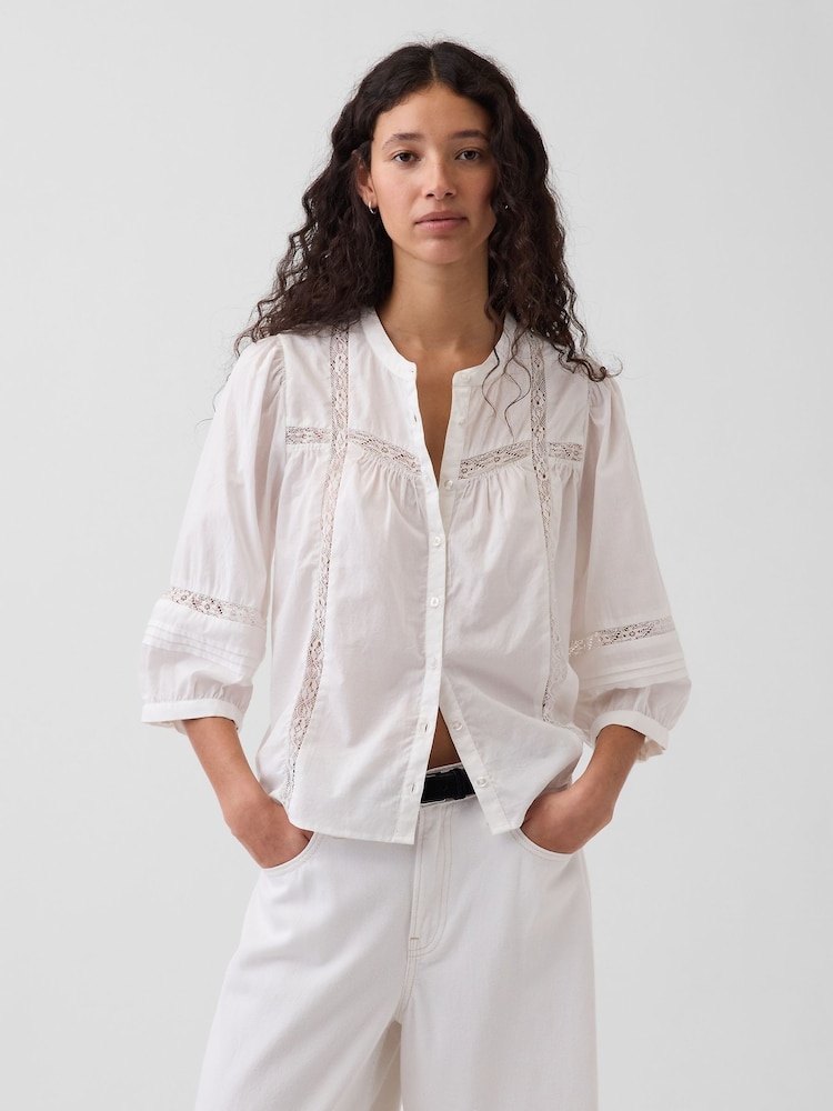 Gap White Lace-Trim Button-Front Swing Top - Image 1 of 4 Gap White Lace-Trim Button-Front Swing Top - Image 1 of 4