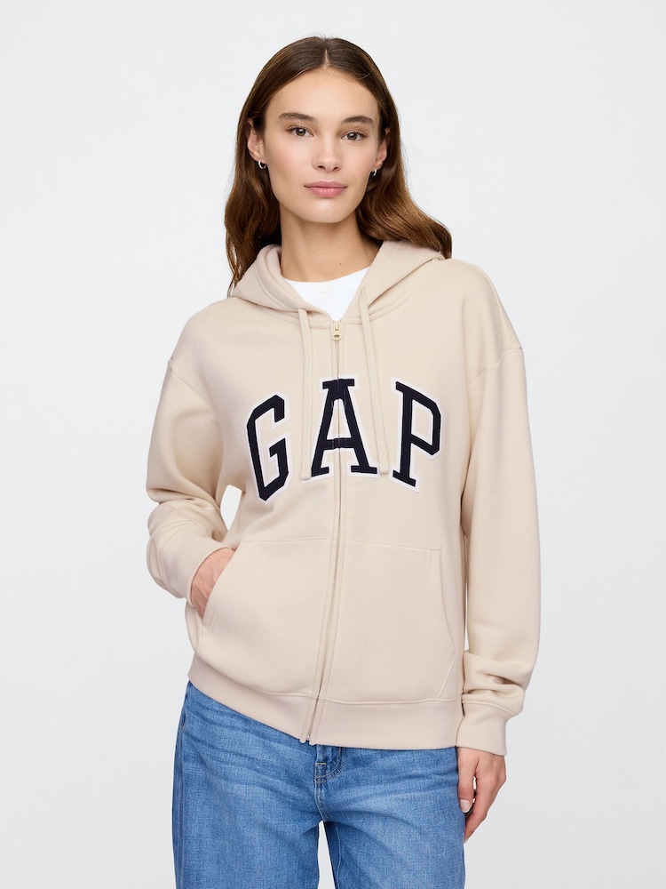 beige - Sweat à capuche Gap décontracté zippé à logo - Image 1 de 5
