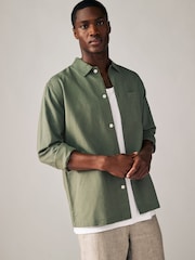 Dark Green Cotton Linen Blend Long Sleeve Shirt - Image 1 of 5