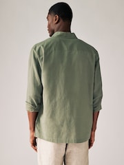 Dark Green Cotton Linen Blend Long Sleeve Shirt - Image 3 of 5