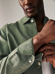 Dark Green Cotton Linen Blend Long Sleeve Shirt - Image 4 of 5