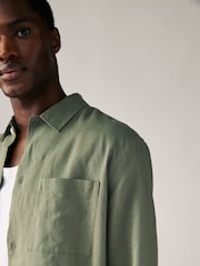 Dark Green Cotton Linen Blend Long Sleeve Shirt - Image 5 of 5