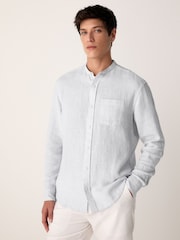 Grey Grandad Collar Cotton Linen Blend Long Sleeve Shirt - Image 1 of 7
