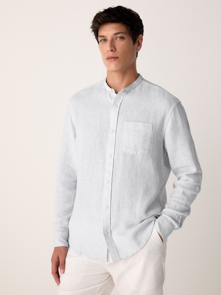 Grey Grandad Collar Cotton Linen Blend Long Sleeve Shirt - Image 1 of 7