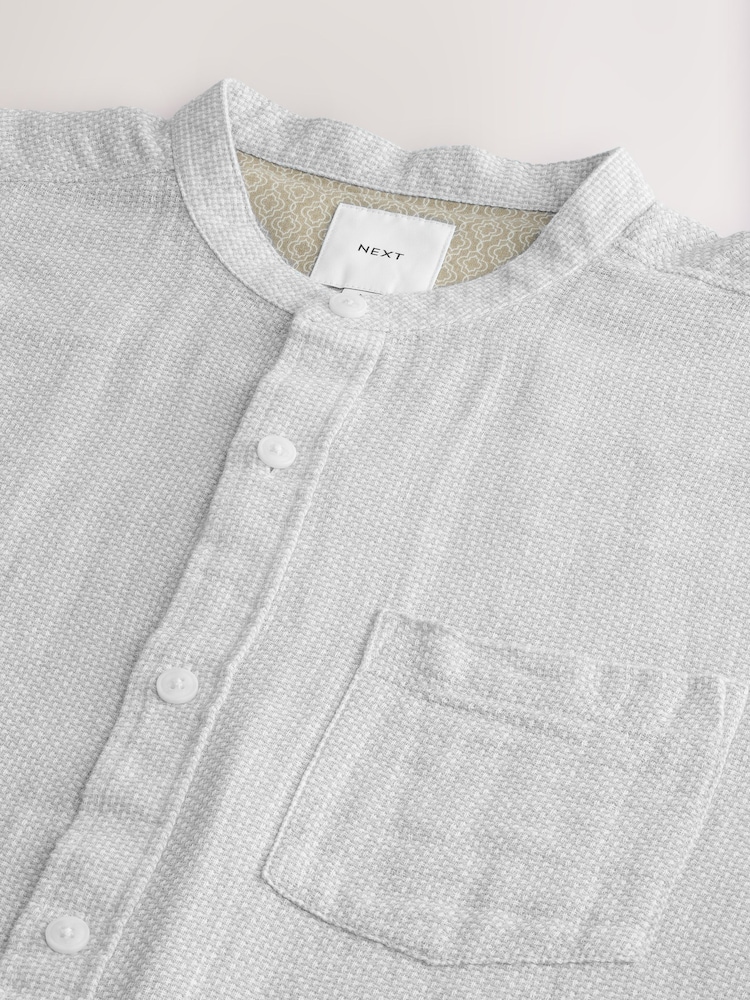 Grey Grandad Collar Cotton Linen Blend Long Sleeve Shirt - Image 7 of 7