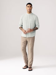 Sage Green Grandad Collar Cotton Linen Blend Long Sleeve Shirt - Image 1 of 9