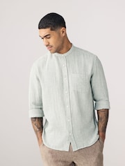 Sage Green Grandad Collar Cotton Linen Blend Long Sleeve Shirt - Image 2 of 9