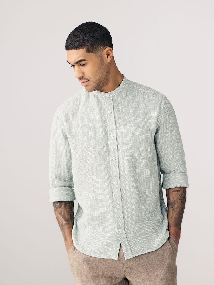 Sage Green Grandad Collar Cotton Linen Blend Long Sleeve Shirt - Image 2 of 9