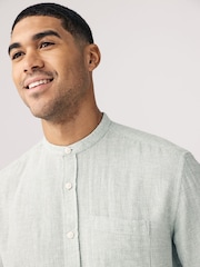 Sage Green Grandad Collar Cotton Linen Blend Long Sleeve Shirt - Image 6 of 9