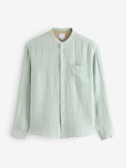 Sage Green Grandad Collar Cotton Linen Blend Long Sleeve Shirt - Image 9 of 9