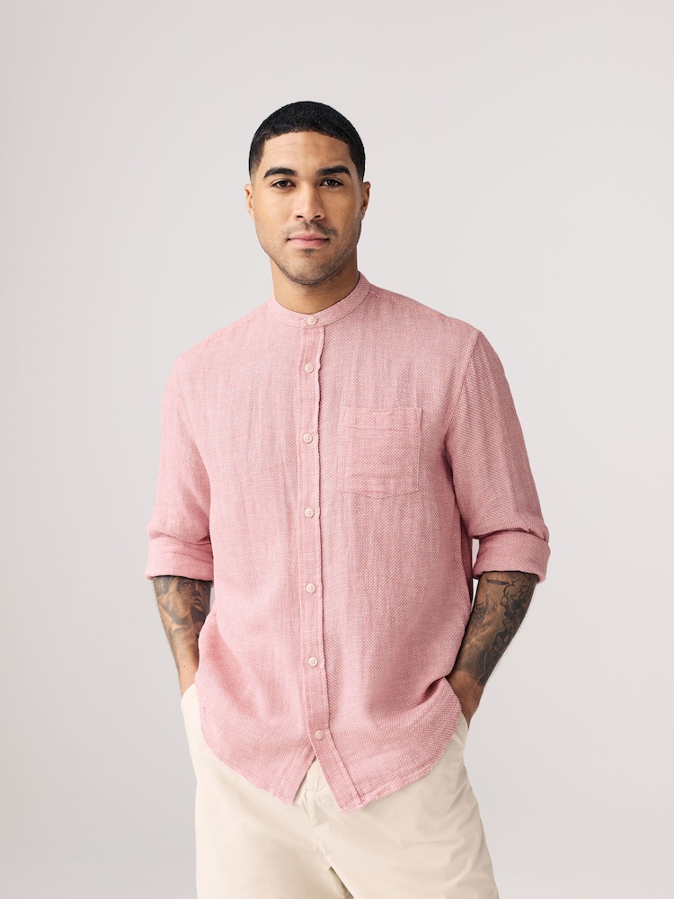 Pink Grandad Collar Cotton Linen Blend Long Sleeve Shirt - Image 1 of 9