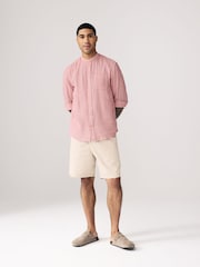 Pink Grandad Collar Cotton Linen Blend Long Sleeve Shirt - Image 6 of 9