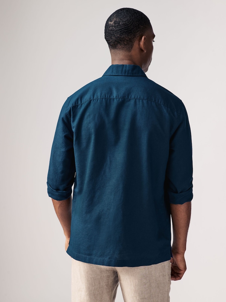 Navy Blue Cotton Linen Blend Long Sleeve Shirt - Image 4 of 9