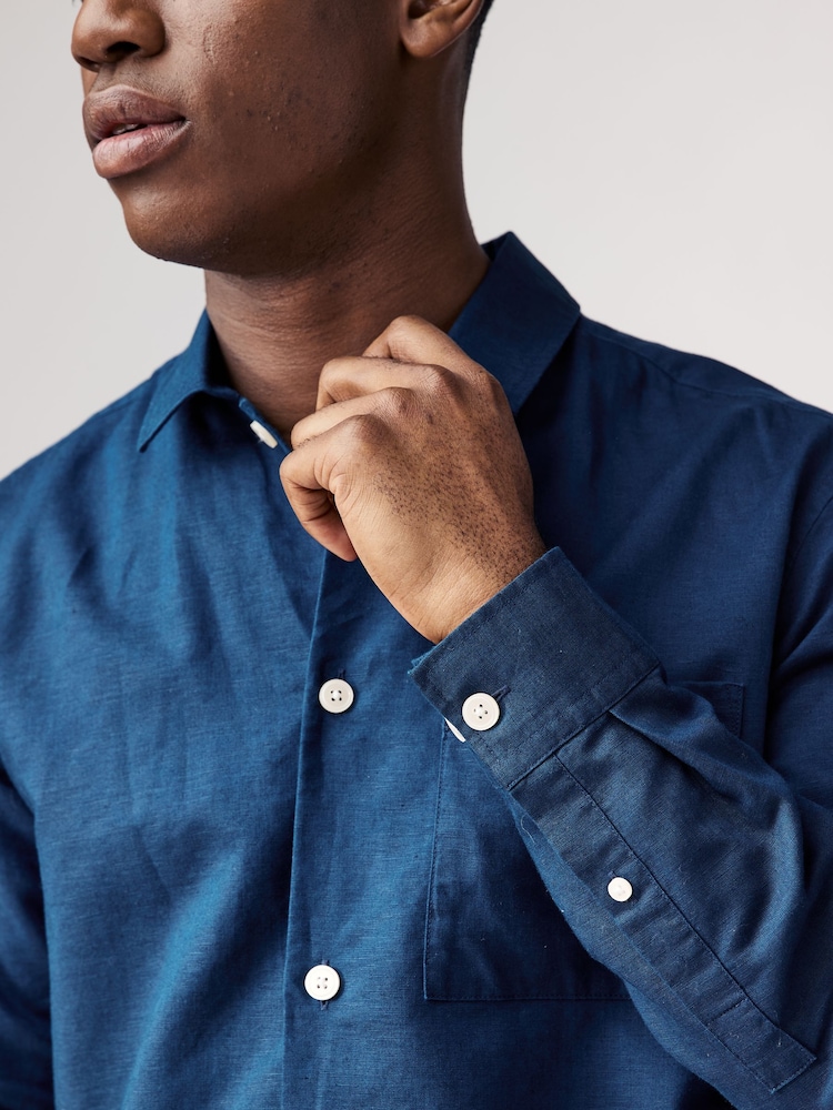 Navy Blue Cotton Linen Blend Long Sleeve Shirt - Image 5 of 9