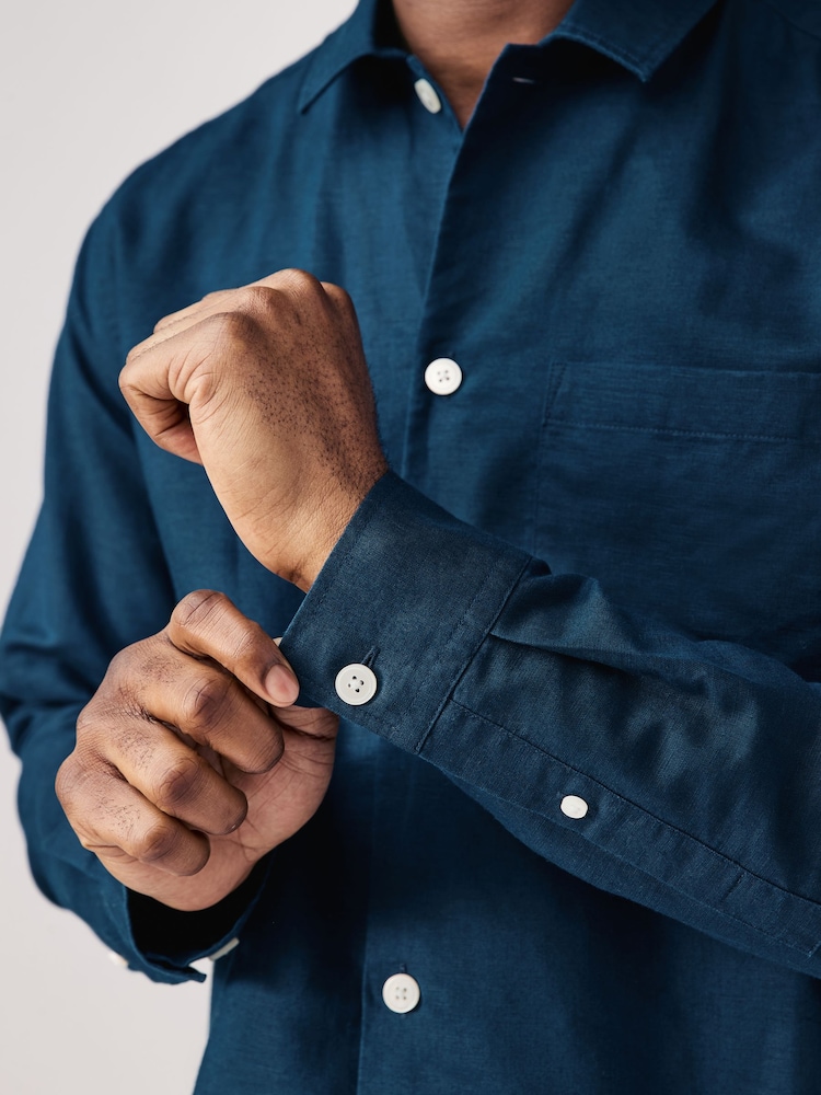 Navy Blue Cotton Linen Blend Long Sleeve Shirt - Image 6 of 9