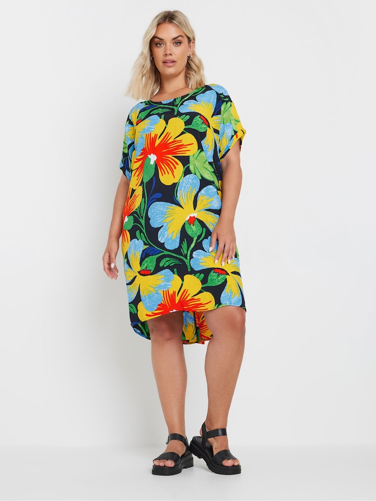Yours Curve Yellow & Blue Floral Print Tunic Dress - Image 1 of 5