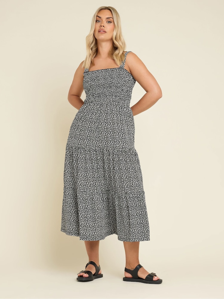 Yours Curve Black Ditsy Floral Shirred Midaxi Dress - Image 1 of 5