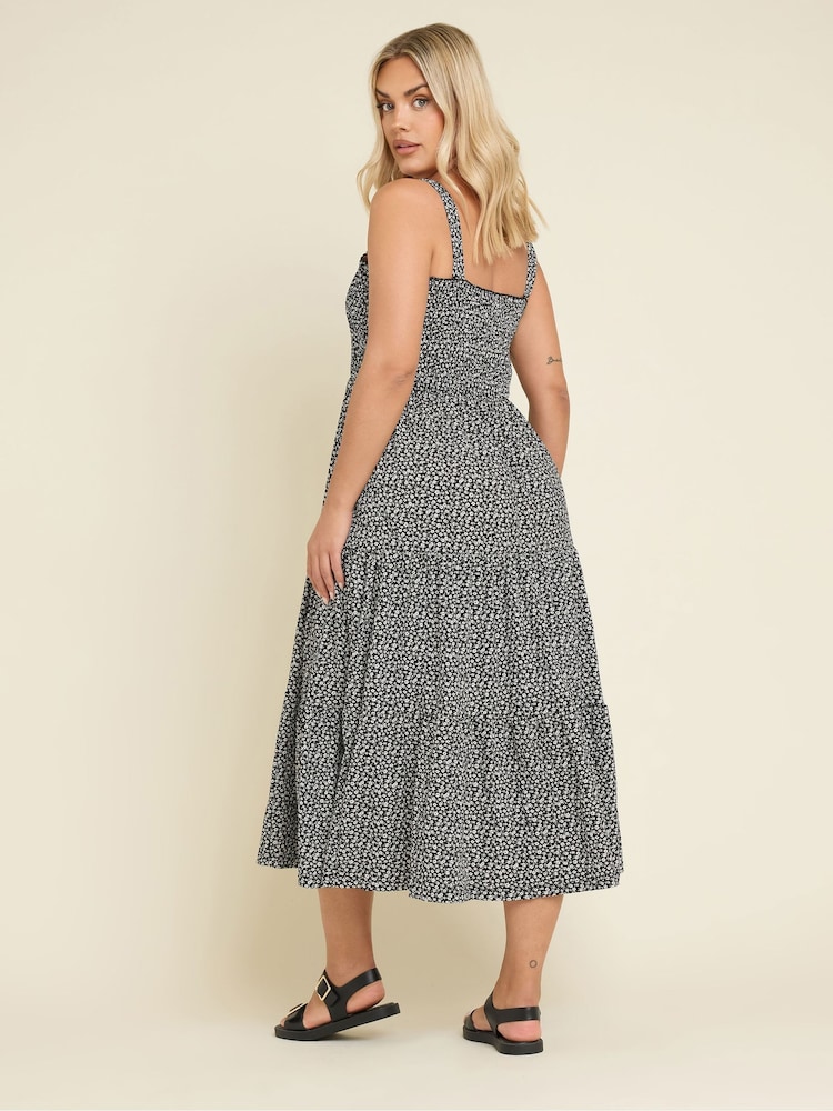Yours Curve Black Ditsy Floral Shirred Midaxi Dress - Image 2 of 5