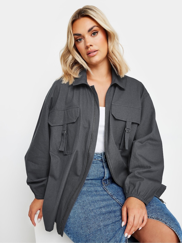 Yours Curve Grey Utility Bomber 100% Cotton Jacket - Image 1 of 5