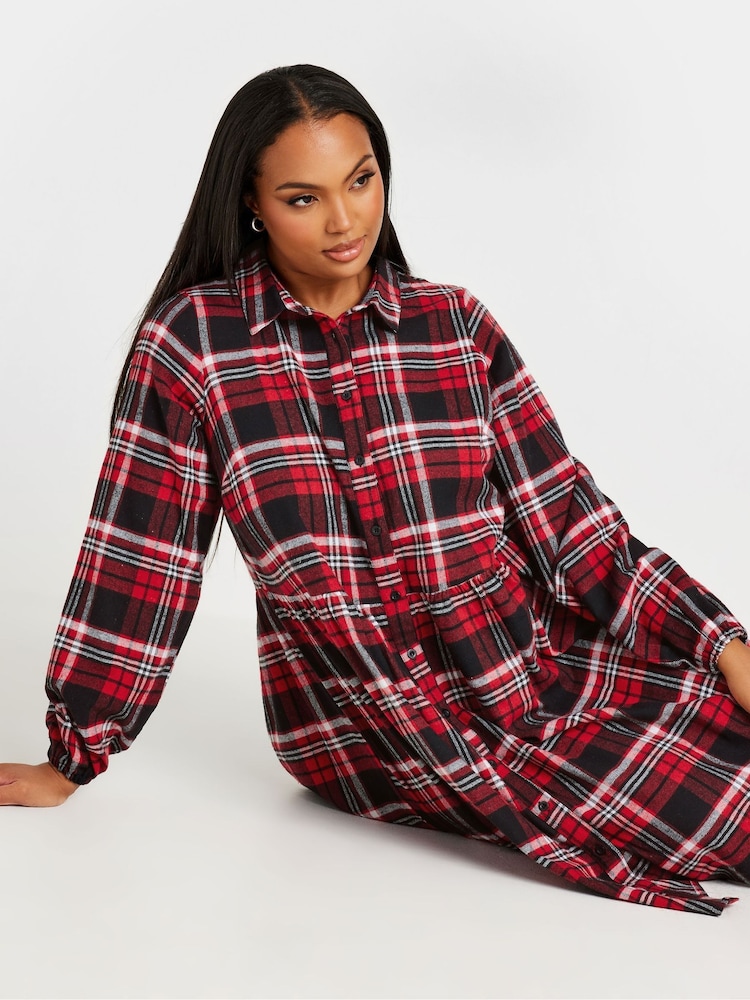 Yours Curve Red Limited Long Sleeve Mini Check 100% Cotton Shirt Dress - Image 1 of 5