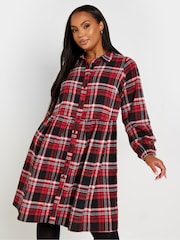 Yours Curve Red Limited Long Sleeve Mini Check 100% Cotton Shirt Dress - Image 2 of 5