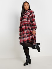 Yours Curve Red Limited Long Sleeve Mini Check 100% Cotton Shirt Dress - Image 3 of 5