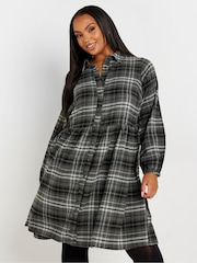 Yours Curve Grey Limited Long Sleeve Mini Check 100% Cotton Shirt Dress - Image 1 of 5