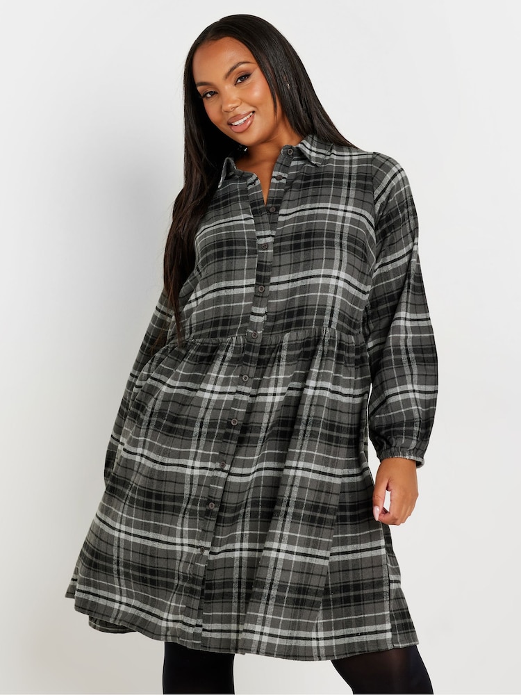 Yours Curve Grey Limited Long Sleeve Mini Check 100% Cotton Shirt Dress - Image 1 of 5