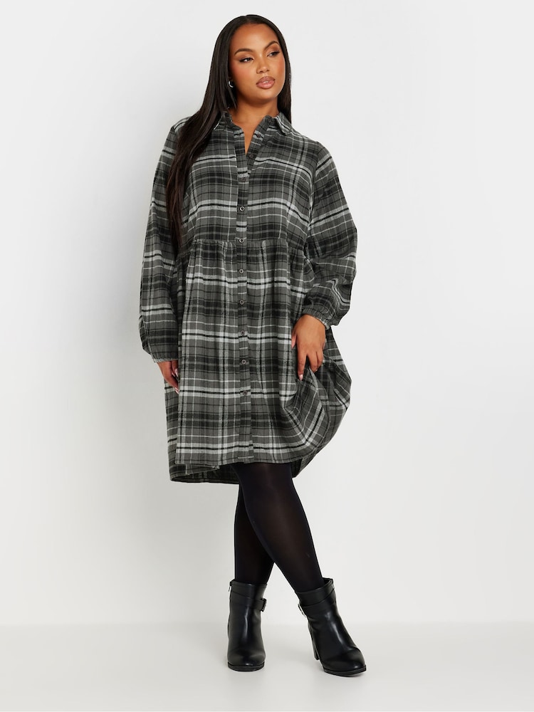 Yours Curve Grey Limited Long Sleeve Mini Check 100% Cotton Shirt Dress - Image 2 of 5