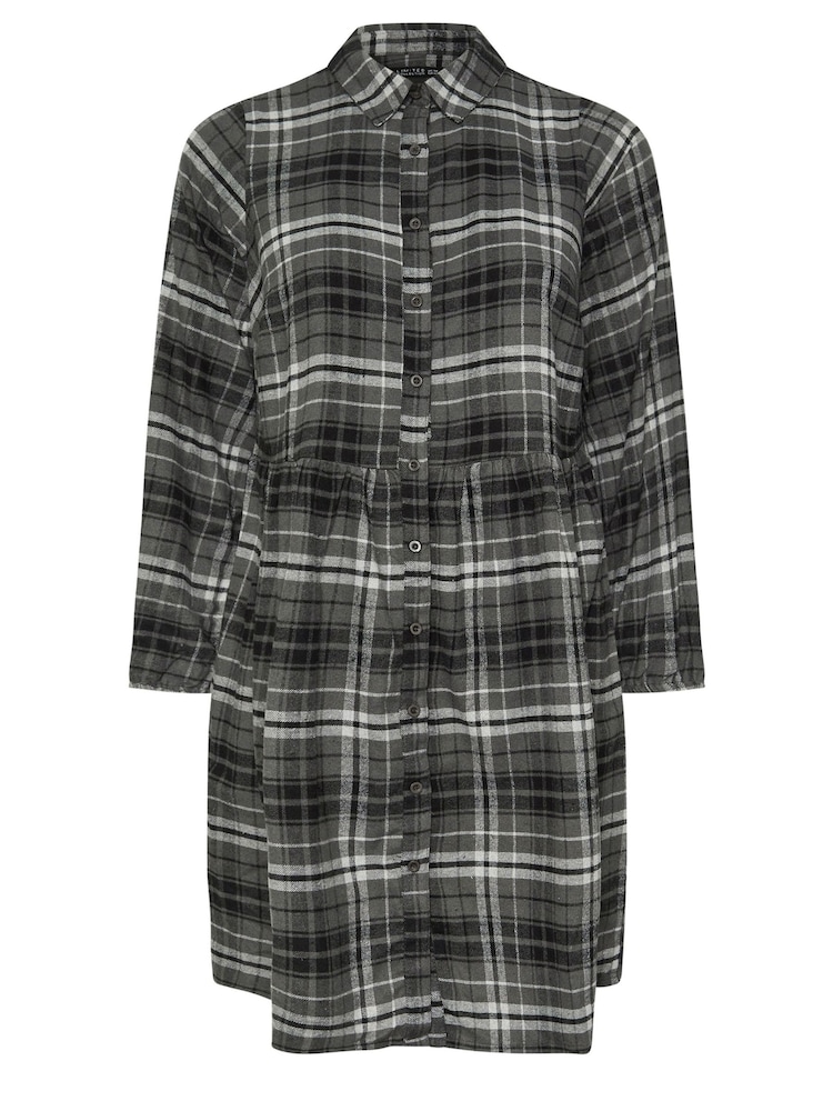 Yours Curve Grey Limited Long Sleeve Mini Check 100% Cotton Shirt Dress - Image 5 of 5