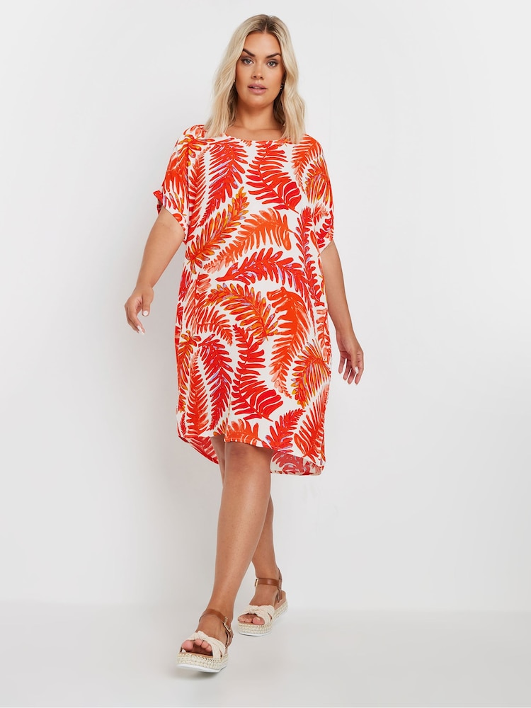Yours Curve Orange Leaf Print Tunic Dress - Image 1 of 5